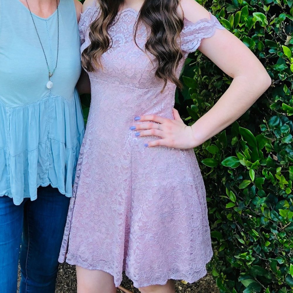 Morgan & Co Cold Shoulder Glitter Lace Dress 7-8 modest
